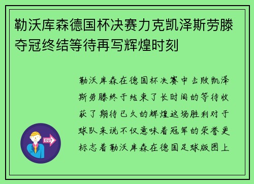 勒沃库森德国杯决赛力克凯泽斯劳滕夺冠终结等待再写辉煌时刻
