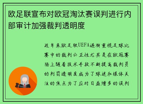 欧足联宣布对欧冠淘汰赛误判进行内部审计加强裁判透明度