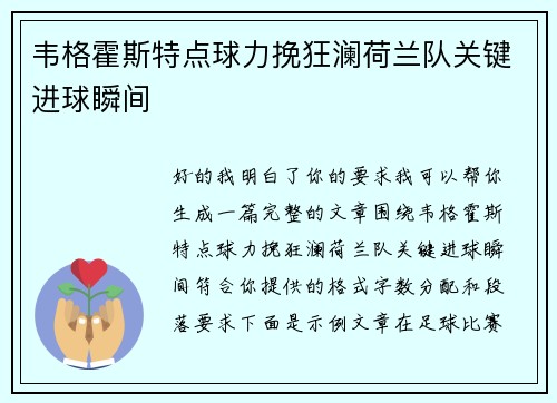 韦格霍斯特点球力挽狂澜荷兰队关键进球瞬间
